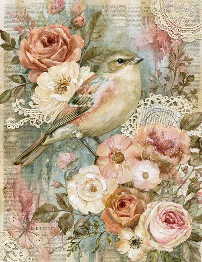 Vintage Bird and Roses Print. poster