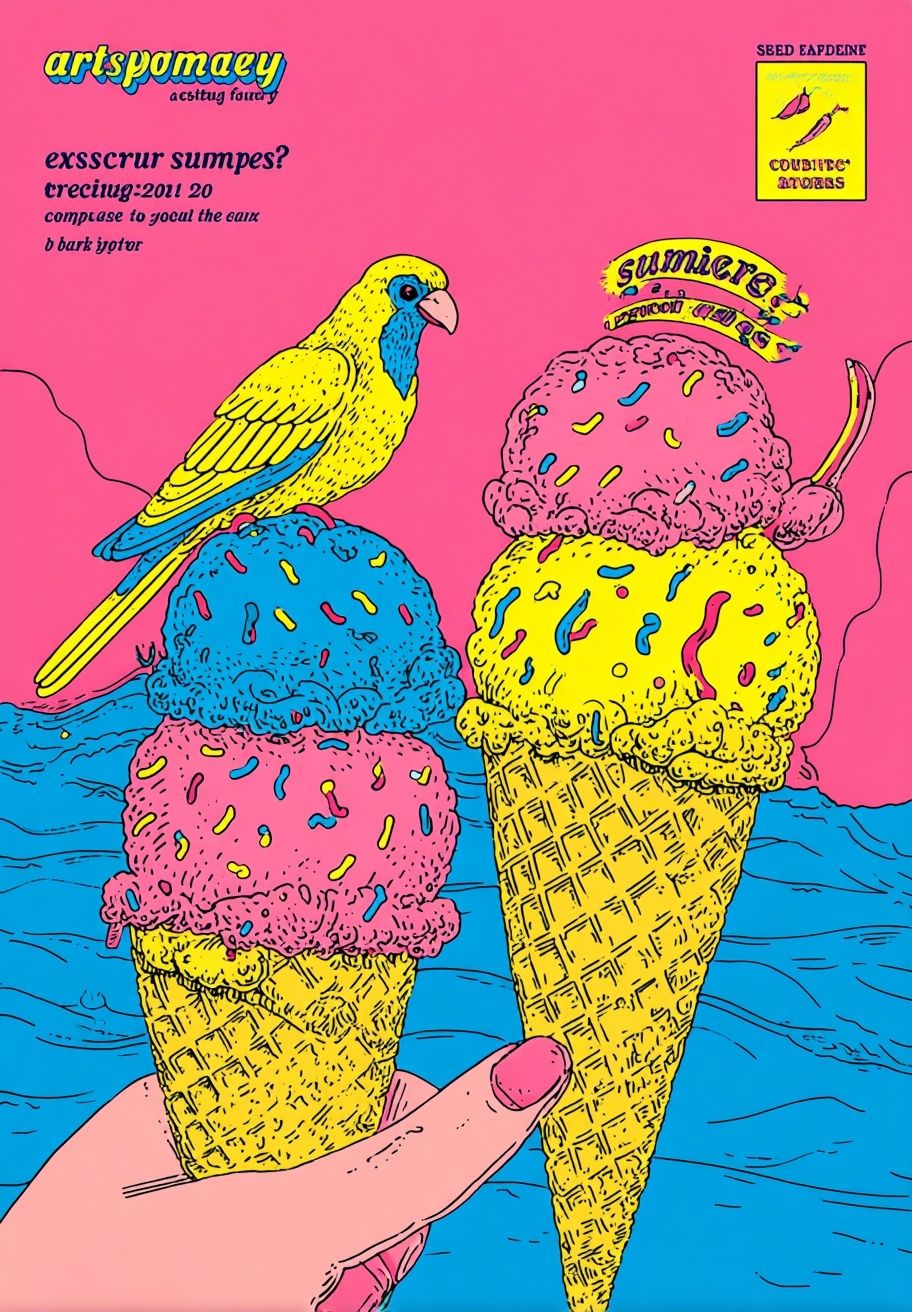 Colorful Ice Cream and Bird Poster. poster — illustration art