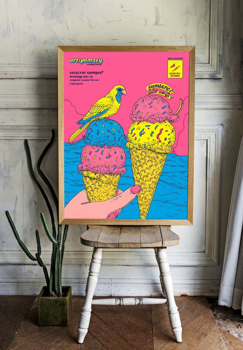 Colorful Ice Cream and Bird Poster. — room view 1