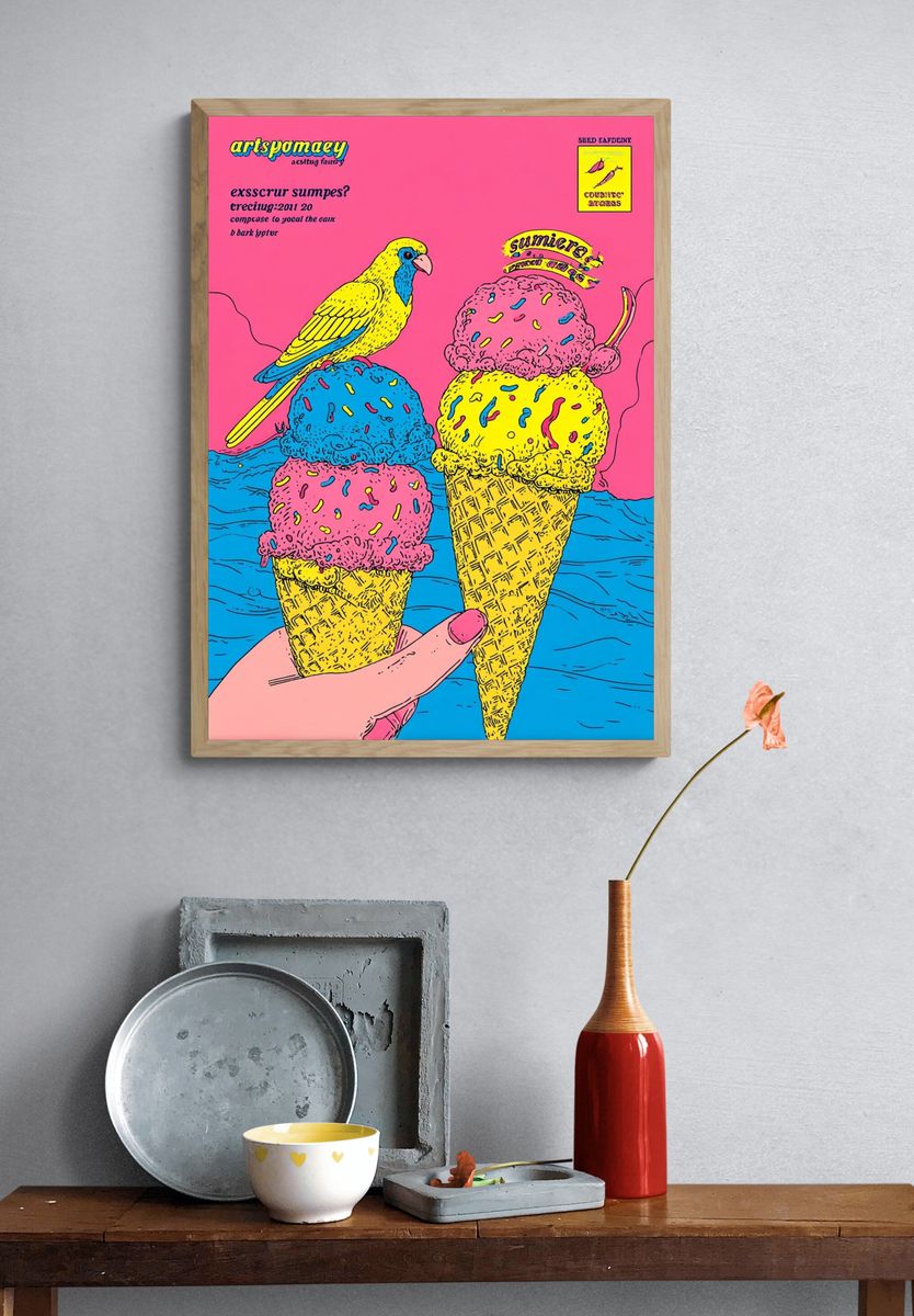 Colorful Ice Cream and Bird Poster. — room view 3