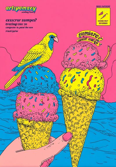 Colorful Ice Cream and Bird Poster. poster print