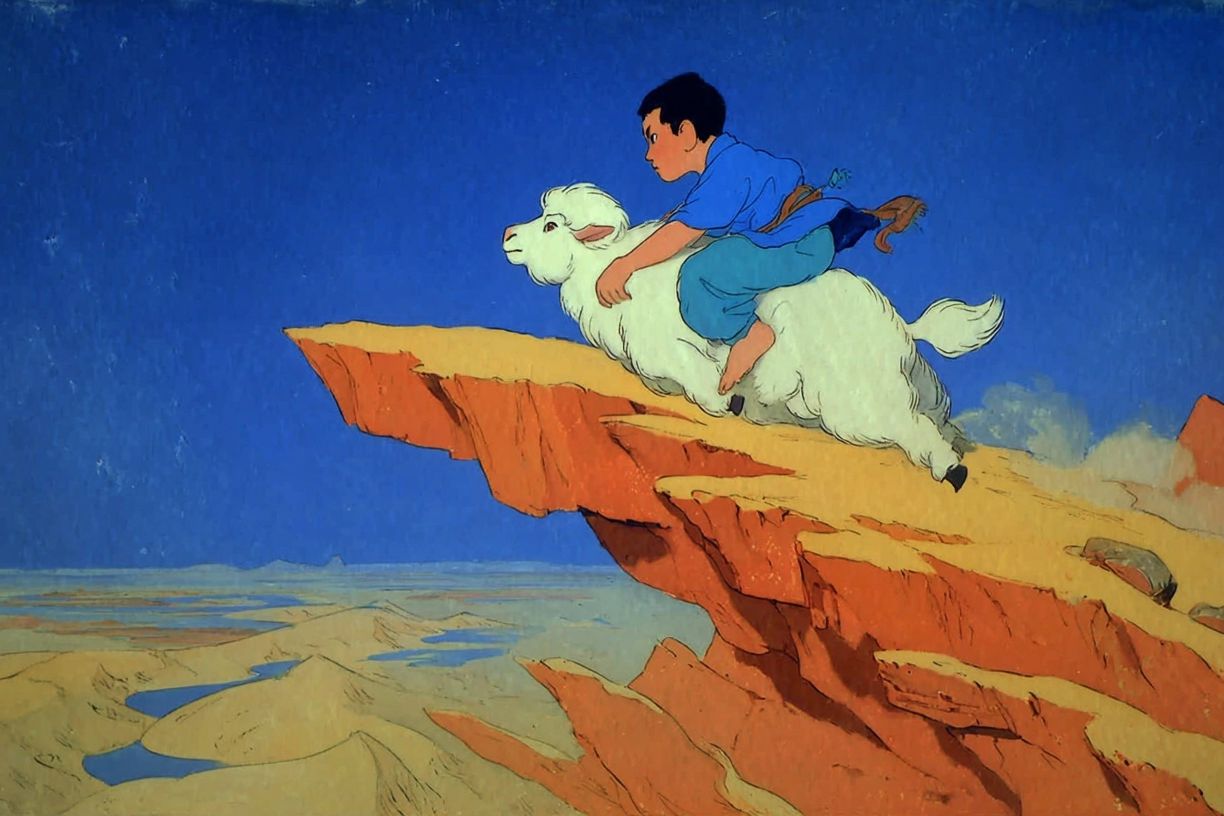 Boy Riding Goat — Whimsical Illustration Print. poster — illustration art