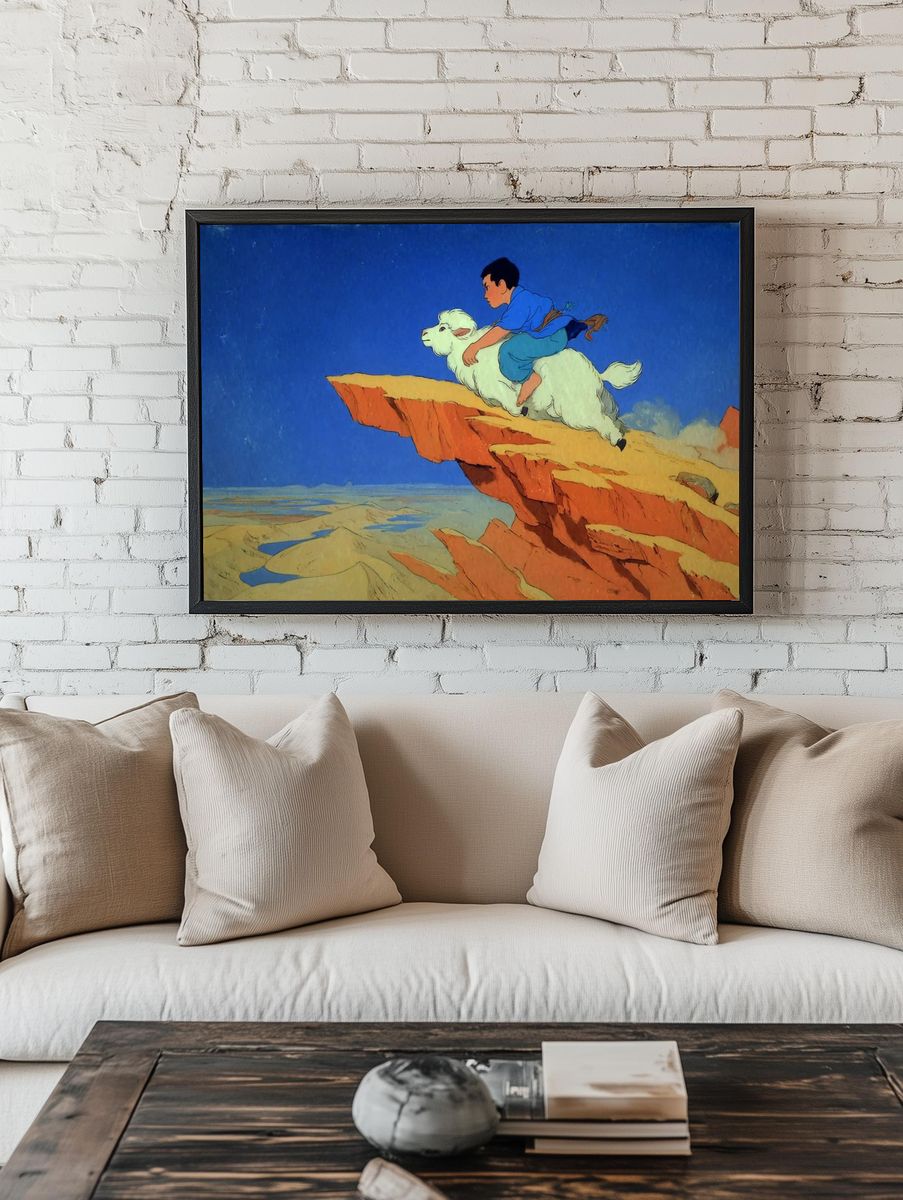 Boy Riding Goat — Whimsical Illustration Print. — room view 1