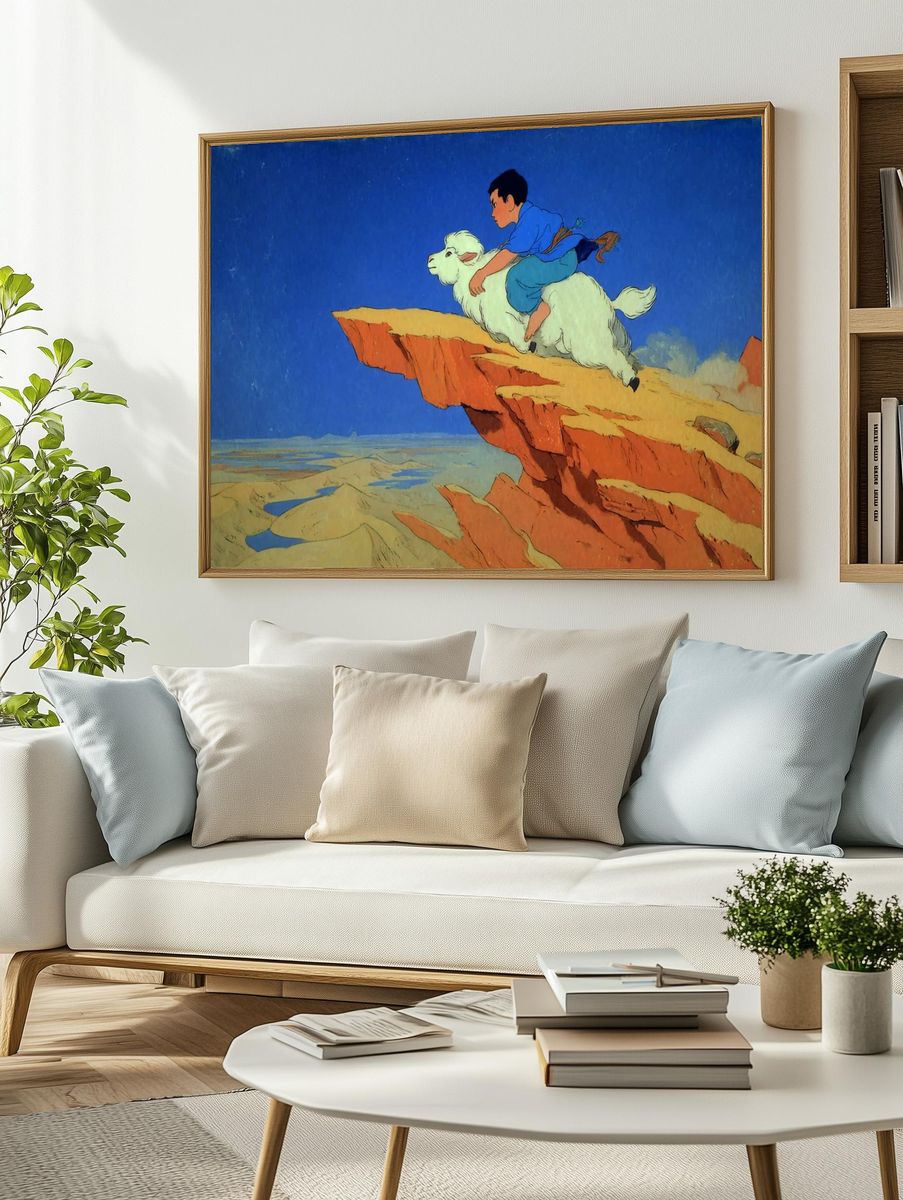 Boy Riding Goat — Whimsical Illustration Print. — room view 2