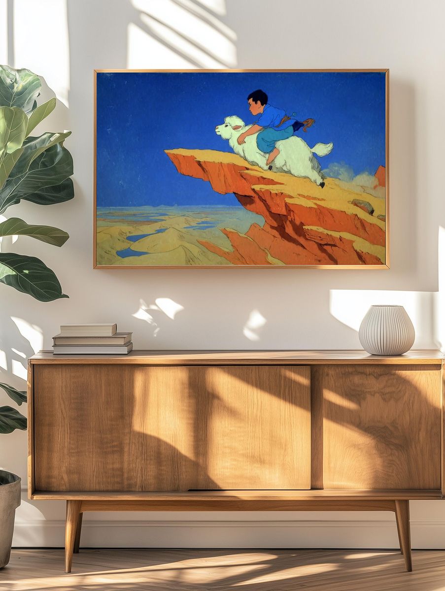 Boy Riding Goat — Whimsical Illustration Print. — room view 3