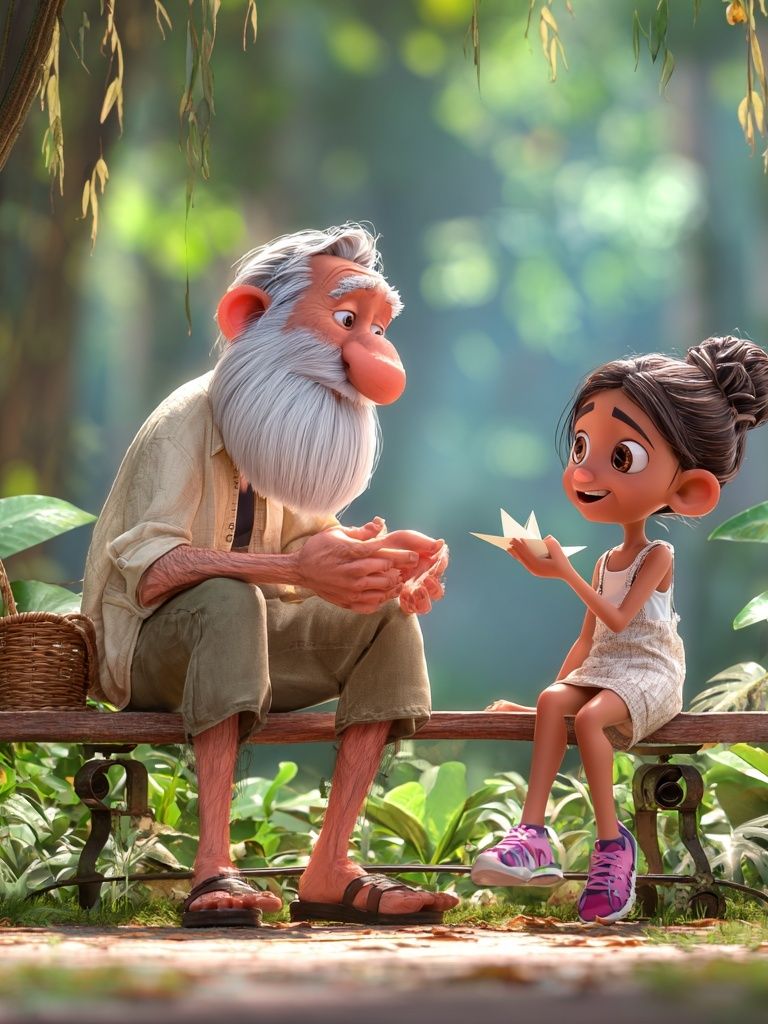 Grandfather and Granddaughter — Illustration Print. poster detail