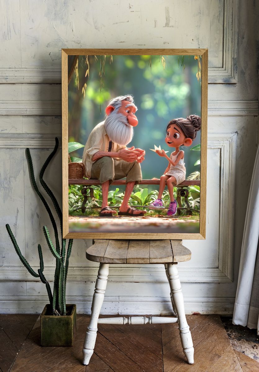 Grandfather and Granddaughter — Illustration Print. — room view 1