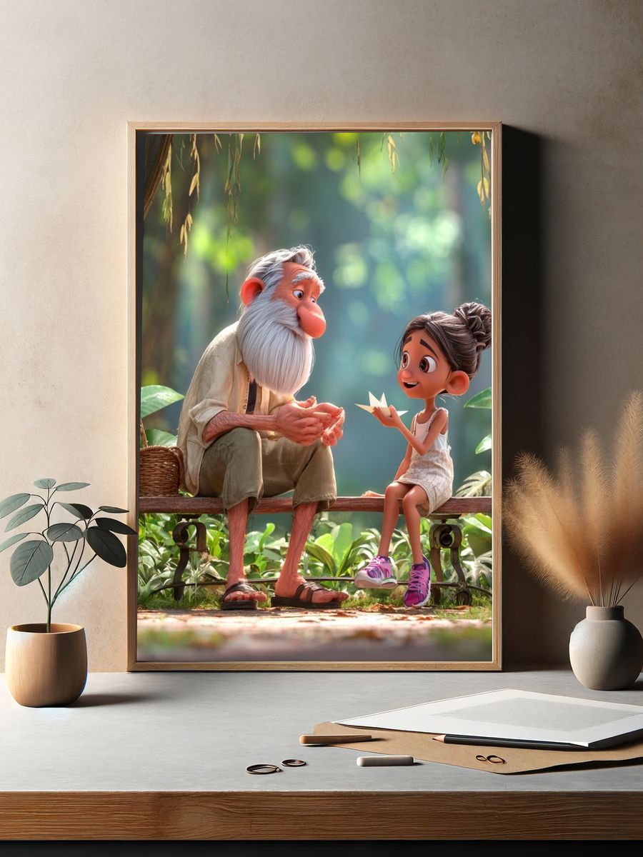 Grandfather and Granddaughter — Illustration Print. — room view 2