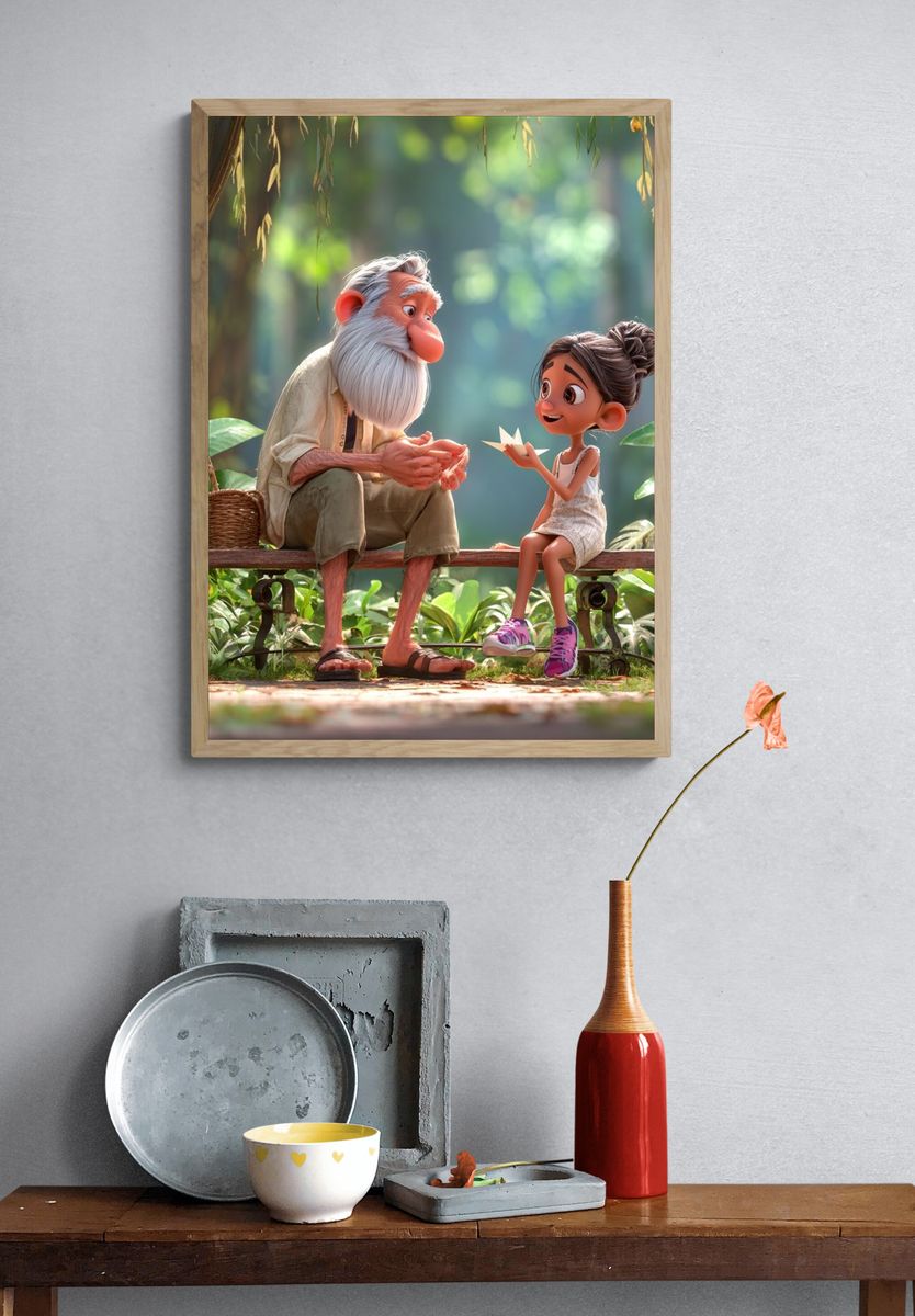 Grandfather and Granddaughter — Illustration Print. — room view 3