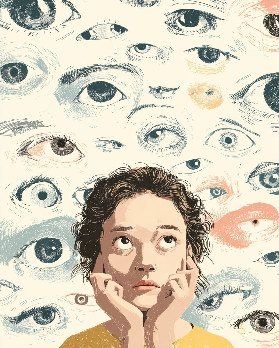 Thoughtful Girl Among Eyes — Illustration Print. poster detail