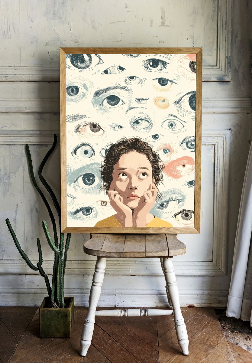 Thoughtful Girl Among Eyes — Illustration Print. — room view 1