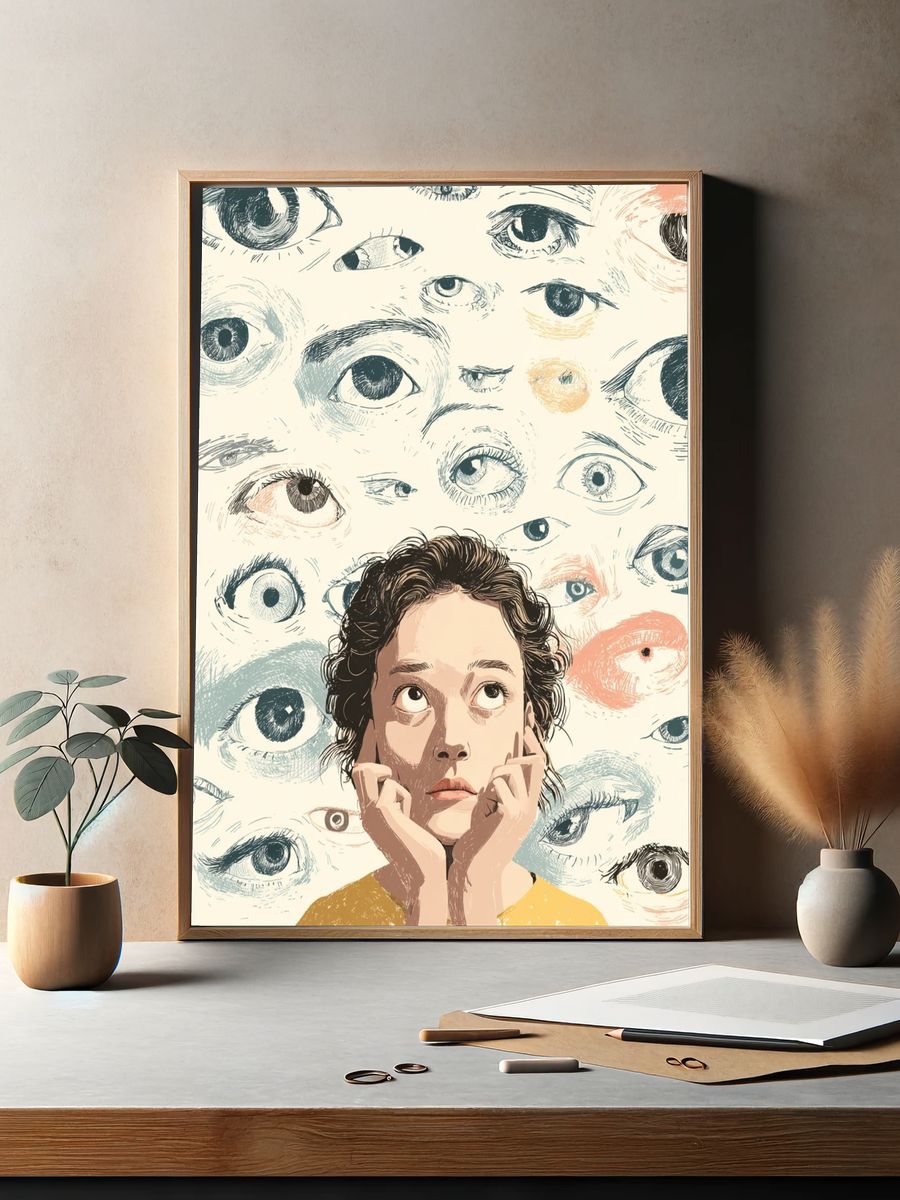 Thoughtful Girl Among Eyes — Illustration Print. — room view 2