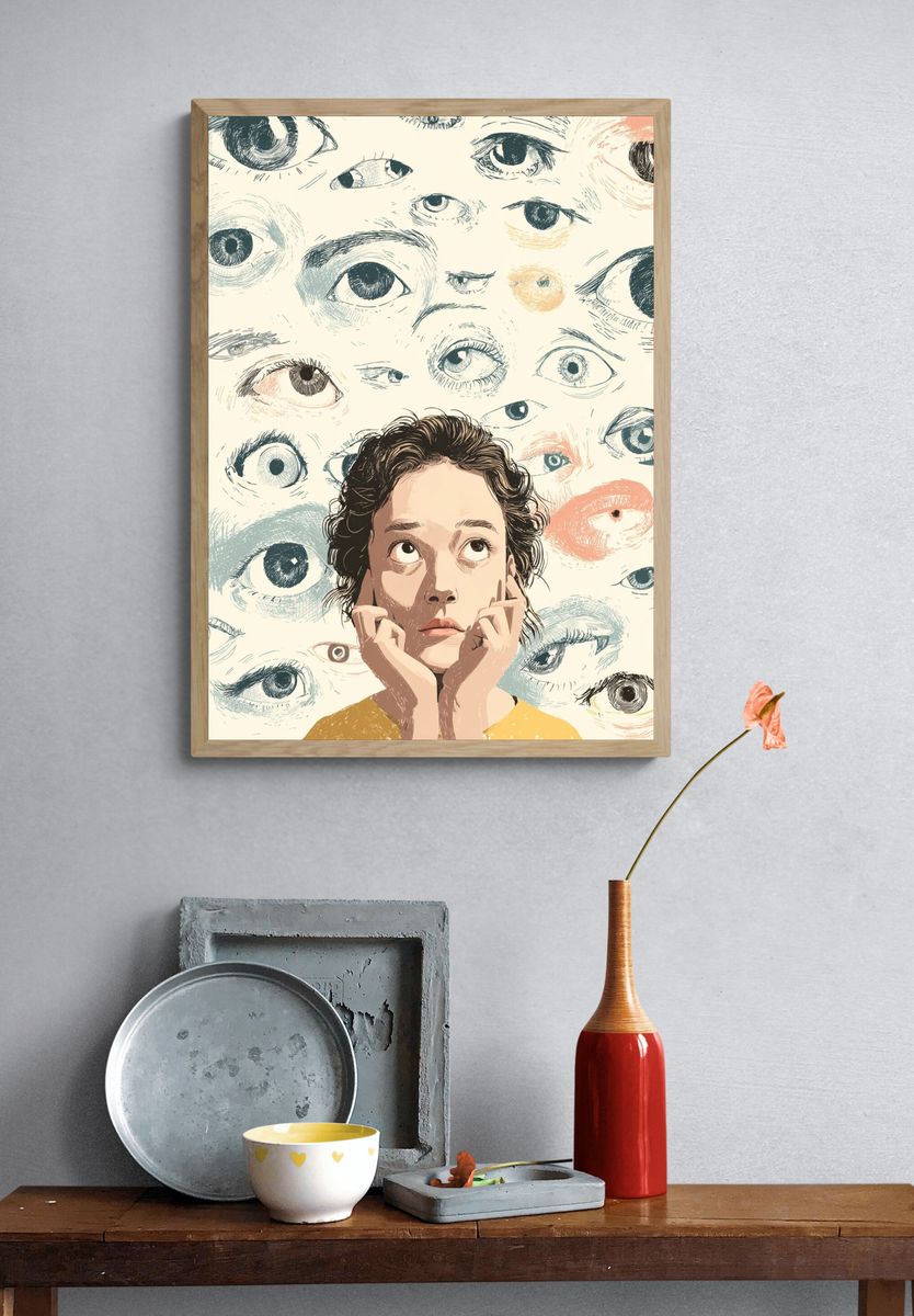 Thoughtful Girl Among Eyes — Illustration Print. — room view 3