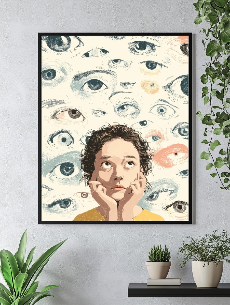 Thoughtful Girl Among Eyes — Illustration Print. — room view 4