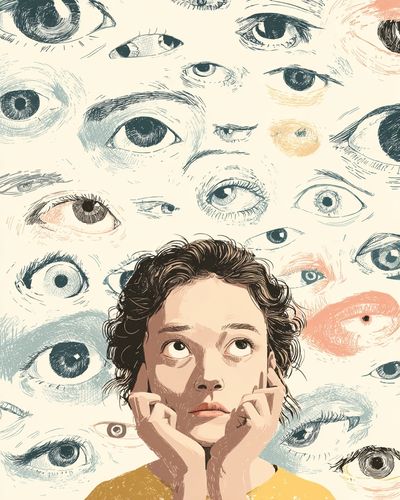 Thoughtful Girl Among Eyes — Illustration Print. poster