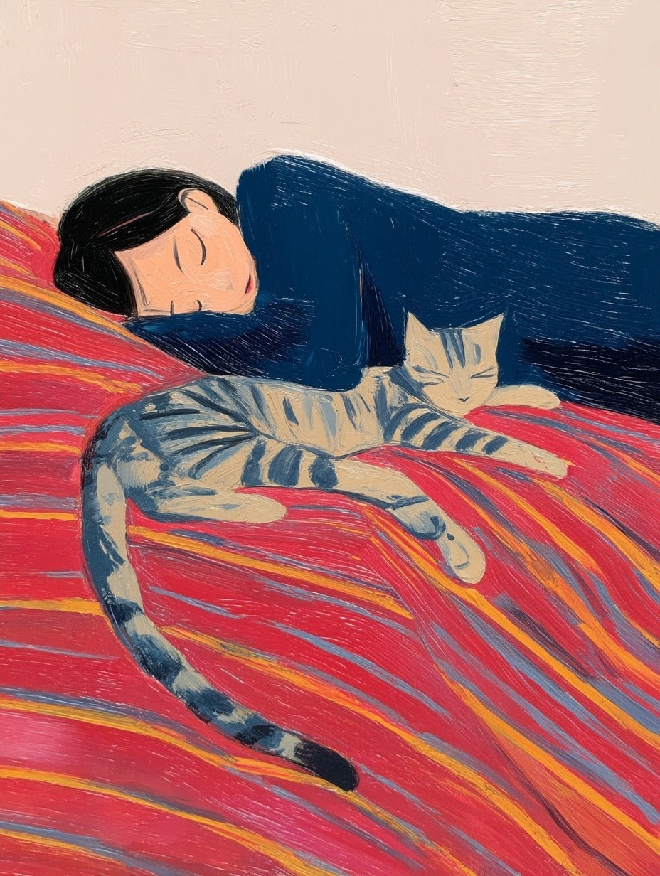 Sleeping Girl with Cat — Illustration Print. poster detail