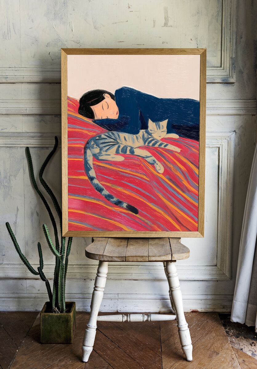 Sleeping Girl with Cat — Illustration Print. — room view 1