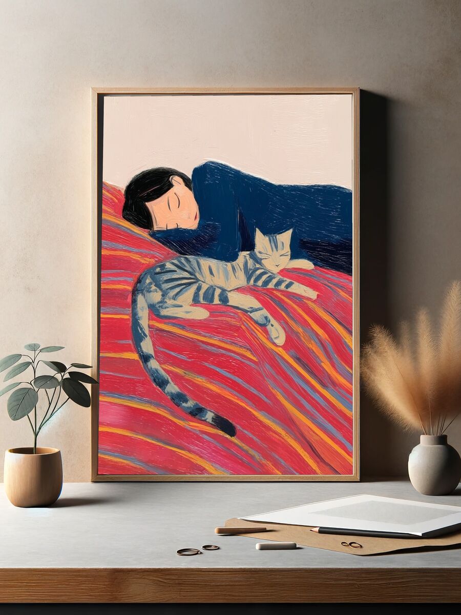 Sleeping Girl with Cat — Illustration Print. — room view 2
