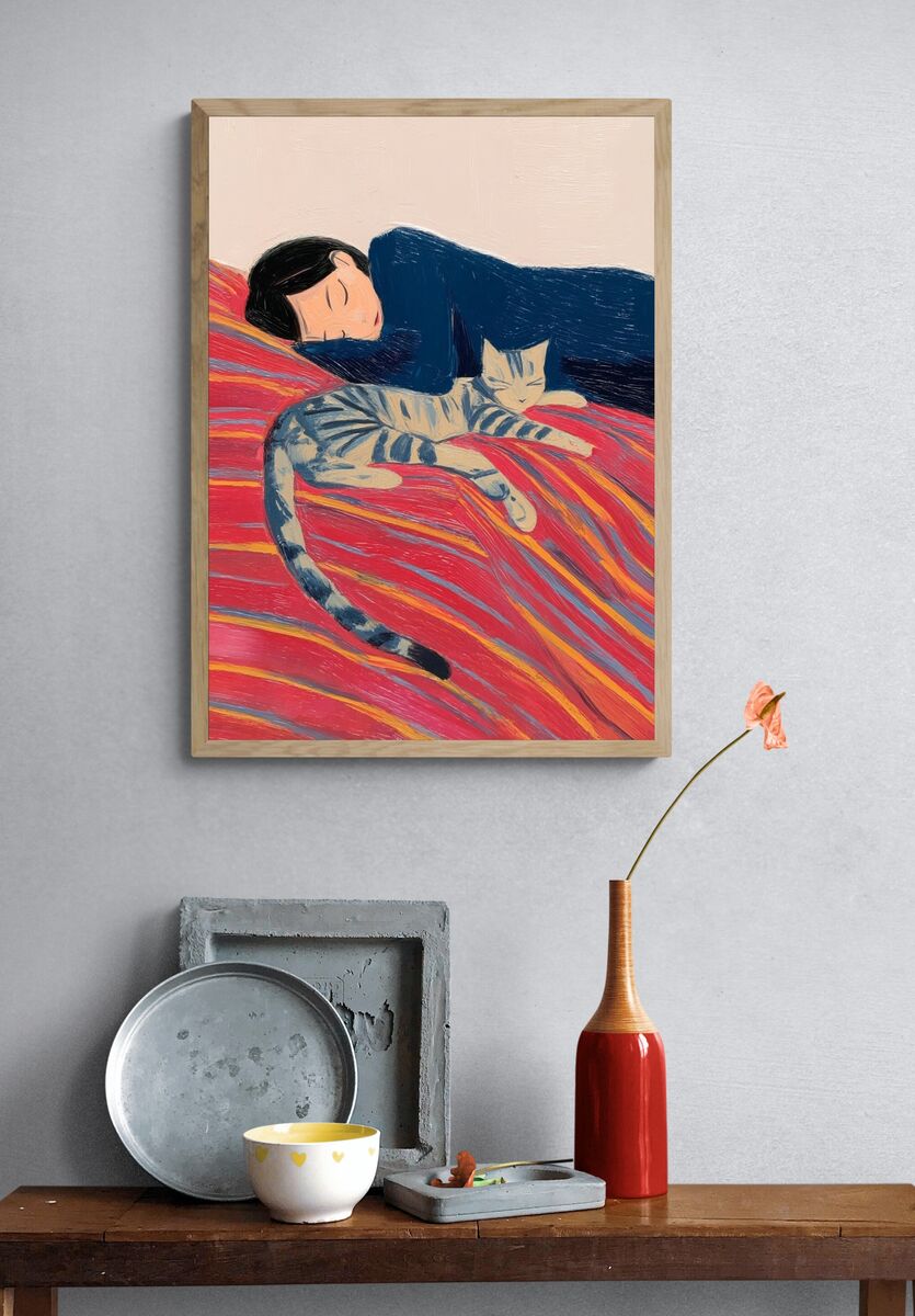 Sleeping Girl with Cat — Illustration Print. — room view 3