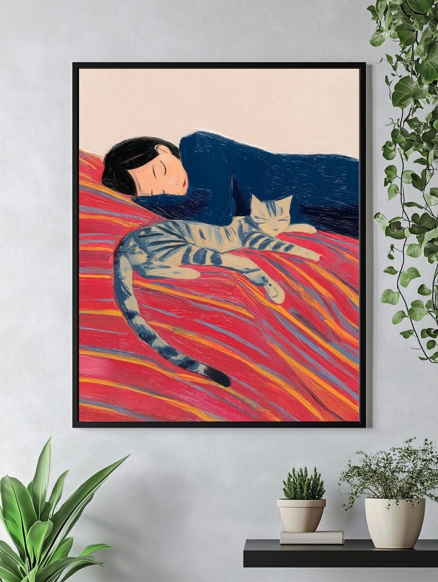 Sleeping Girl with Cat — Illustration Print. — room view 4