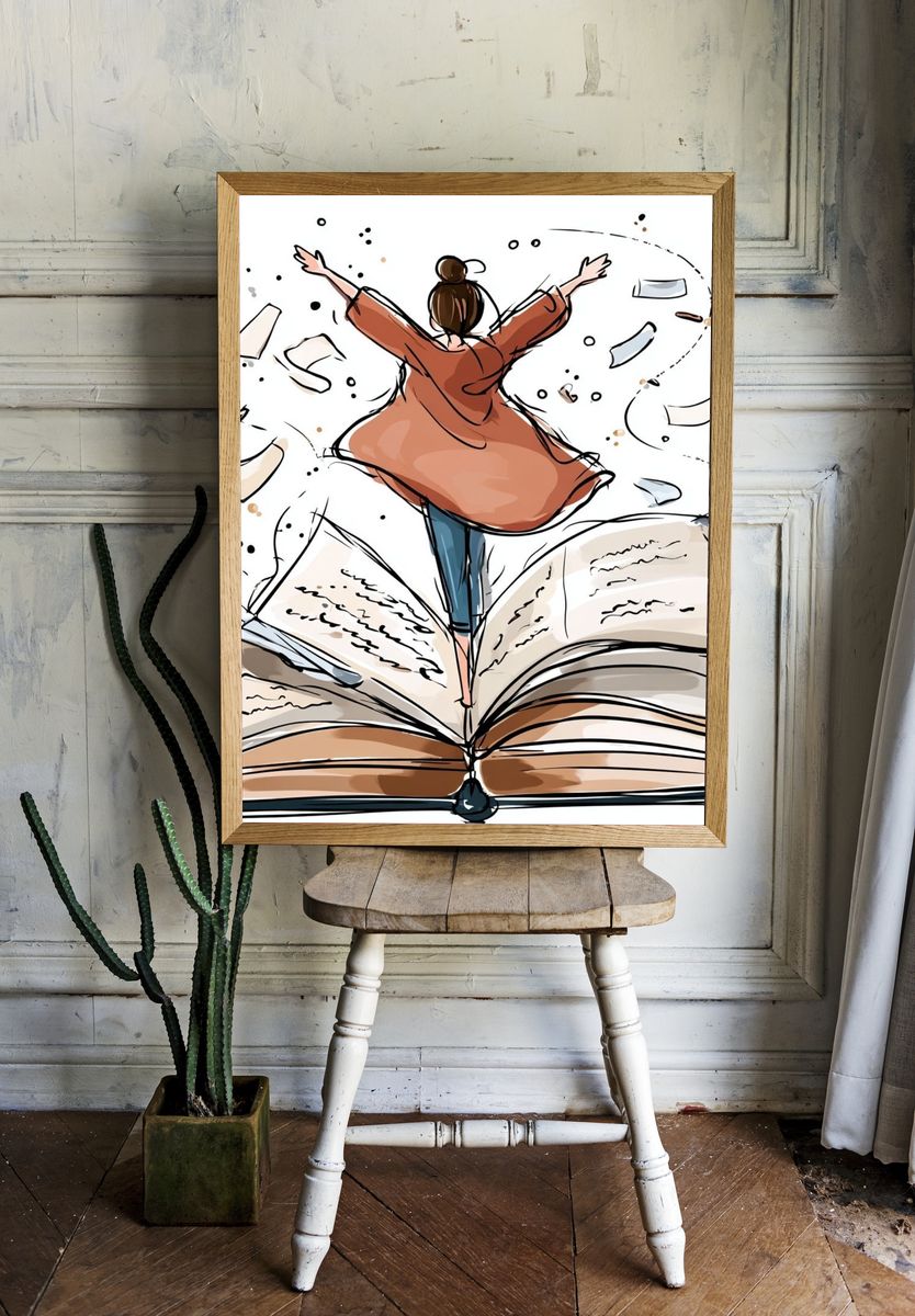 Girl Jumping from Open Book — Illustration Print. — room view 1