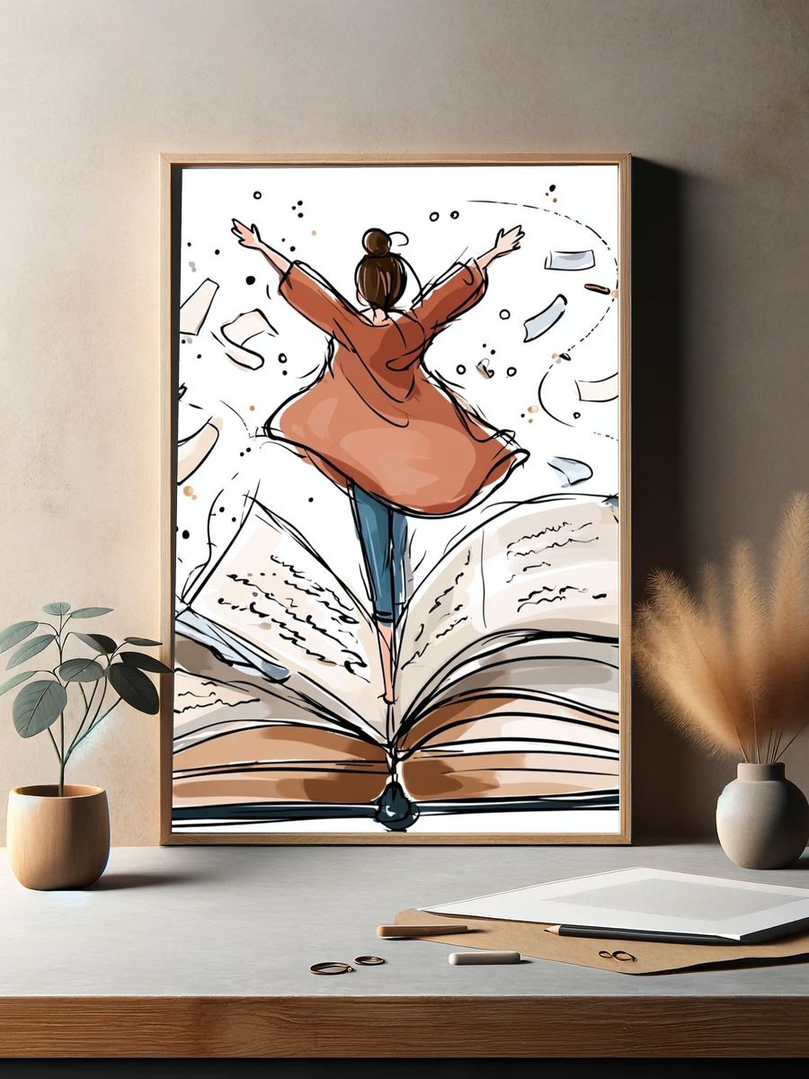 Girl Jumping from Open Book — Illustration Print. — room view 2