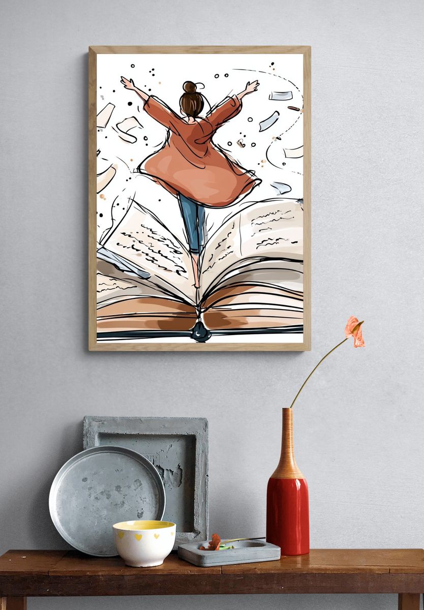 Girl Jumping from Open Book — Illustration Print. — room view 3