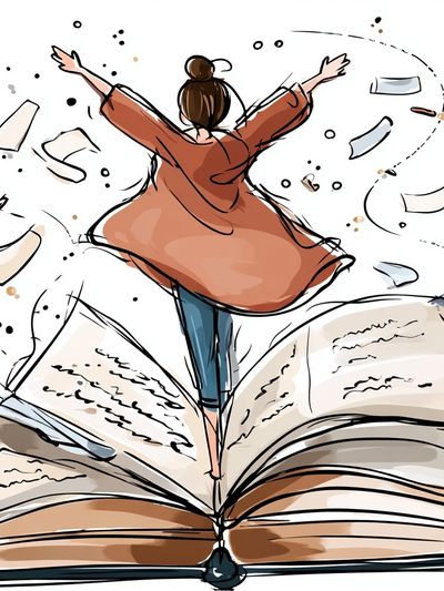 Girl Jumping from Open Book — Illustration Print. poster