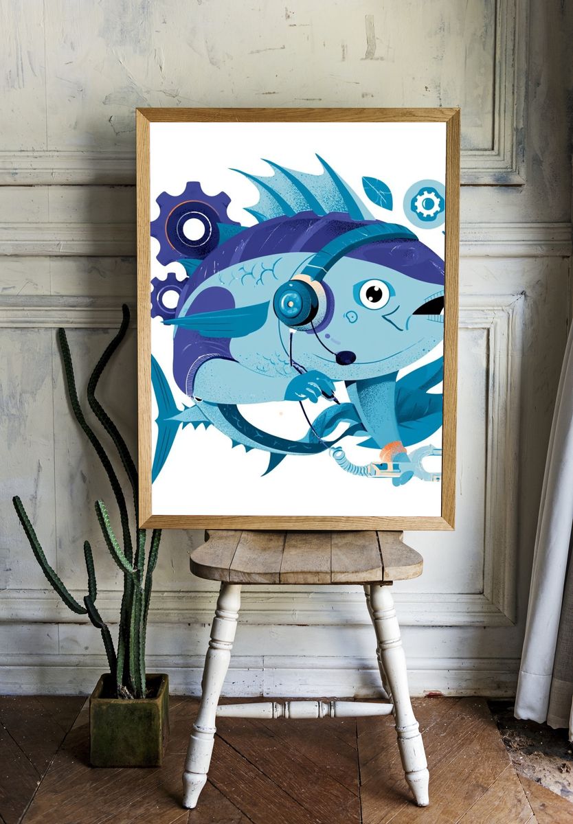 Mechanical Fish Illustration Poster. — room view 1