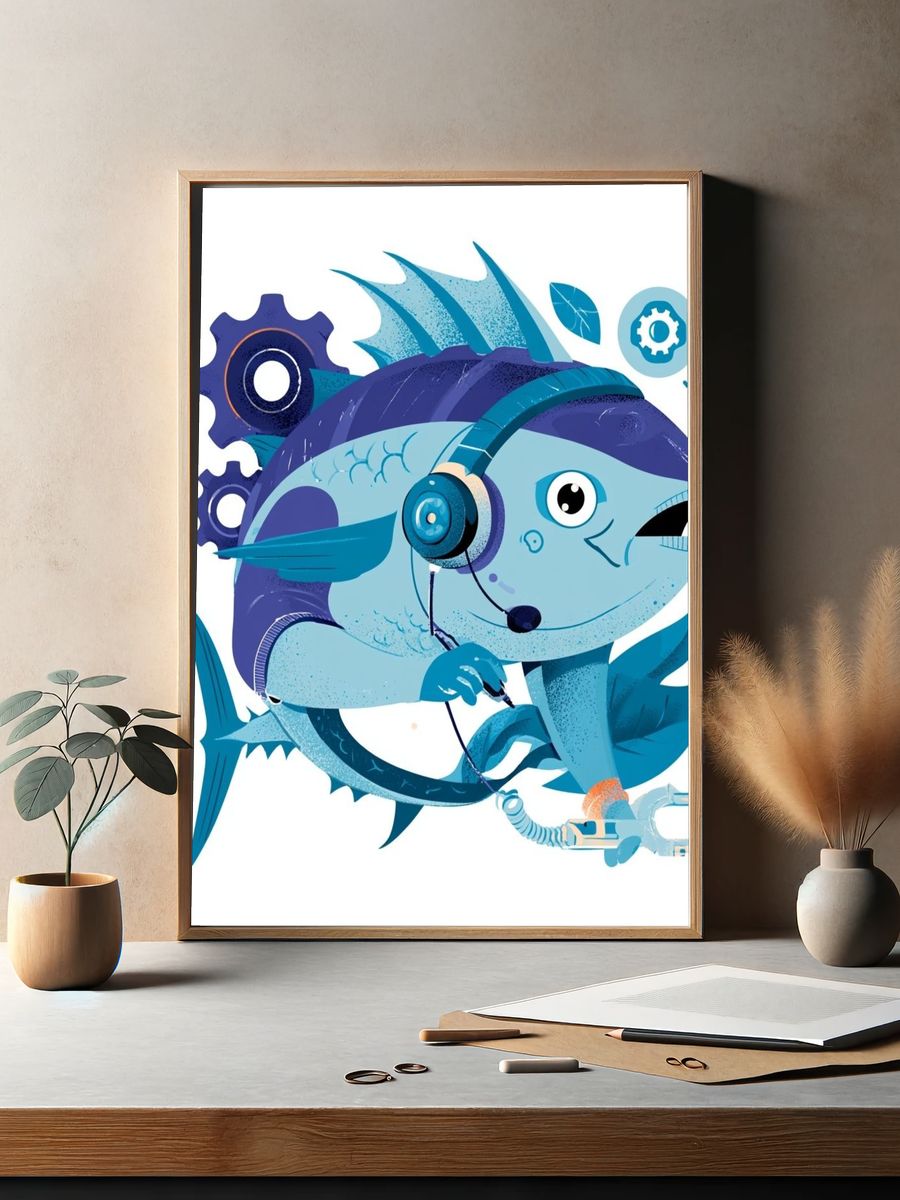 Mechanical Fish Illustration Poster. — room view 2