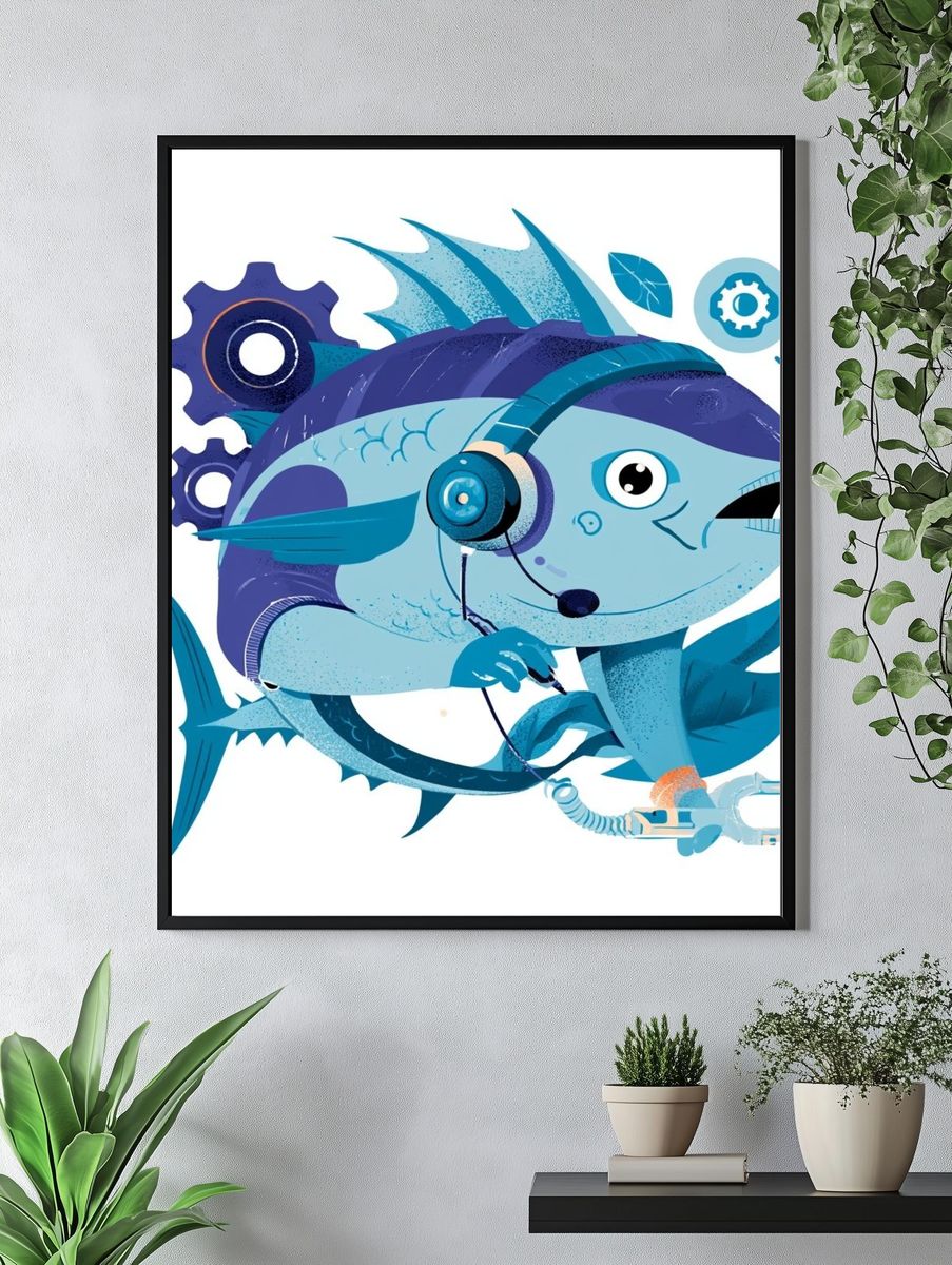 Mechanical Fish Illustration Poster. — room view 4