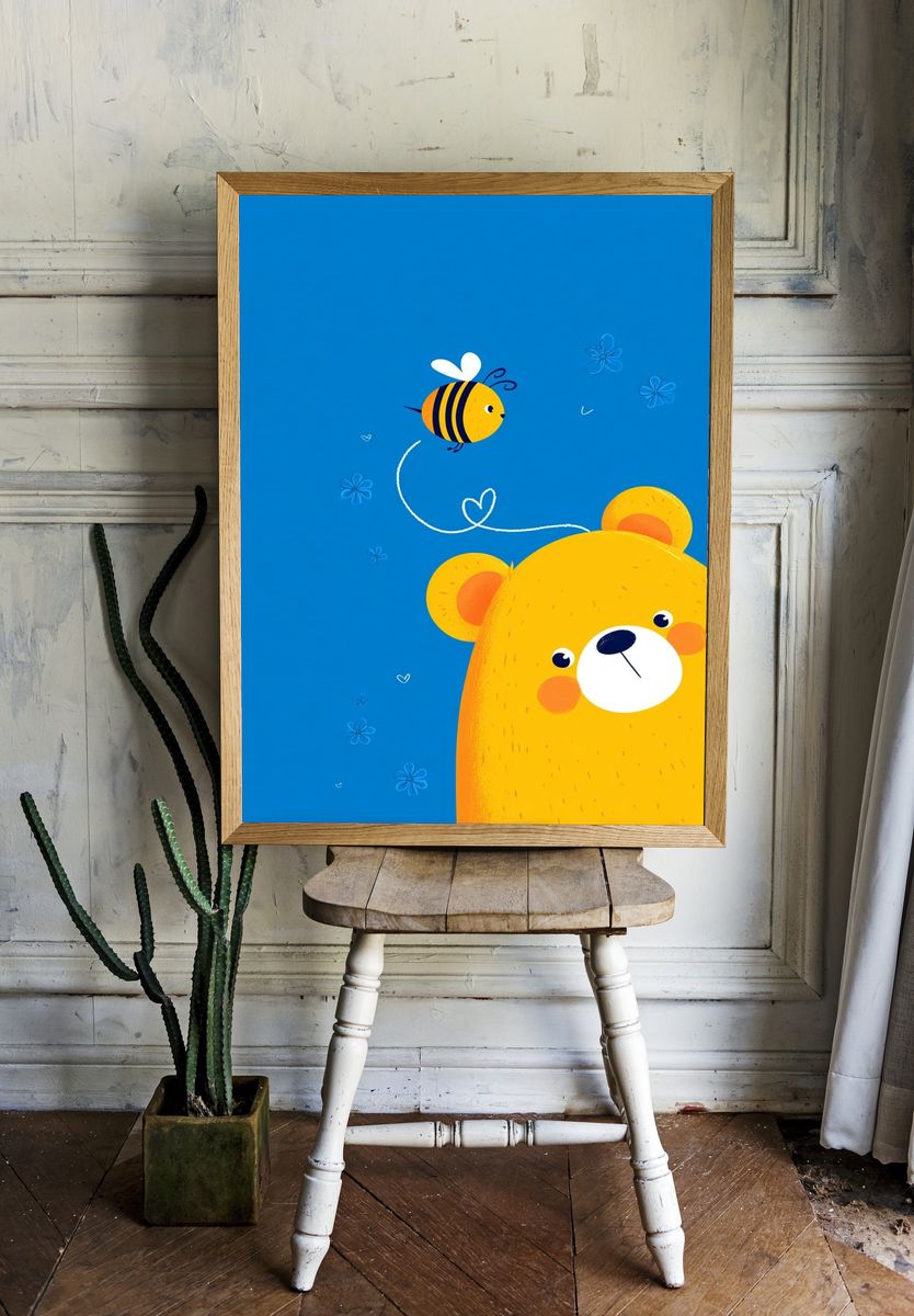 Cute Bear and Bee Illustration Poster. — room view 1