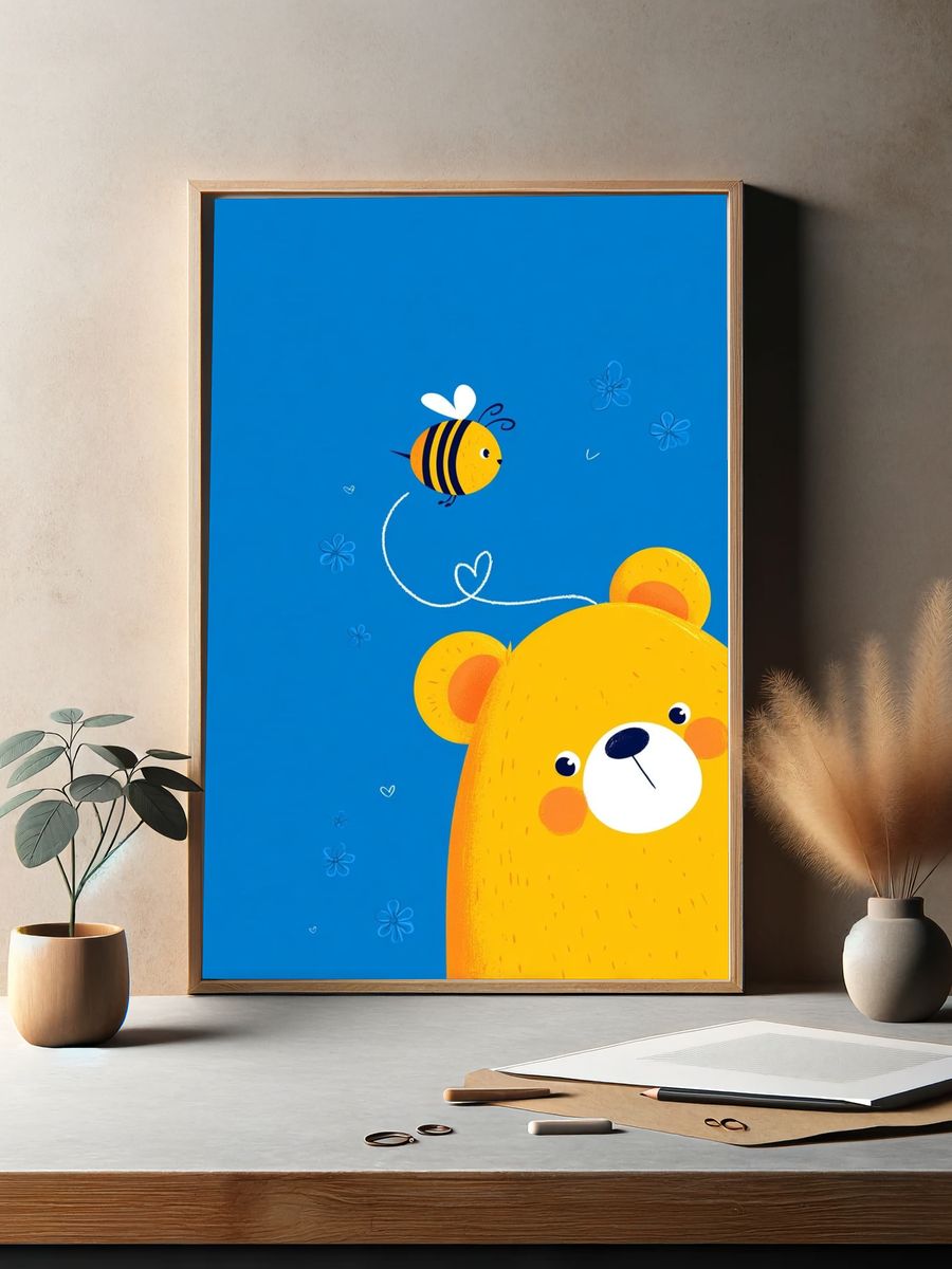 Cute Bear and Bee Illustration Poster. — room view 2