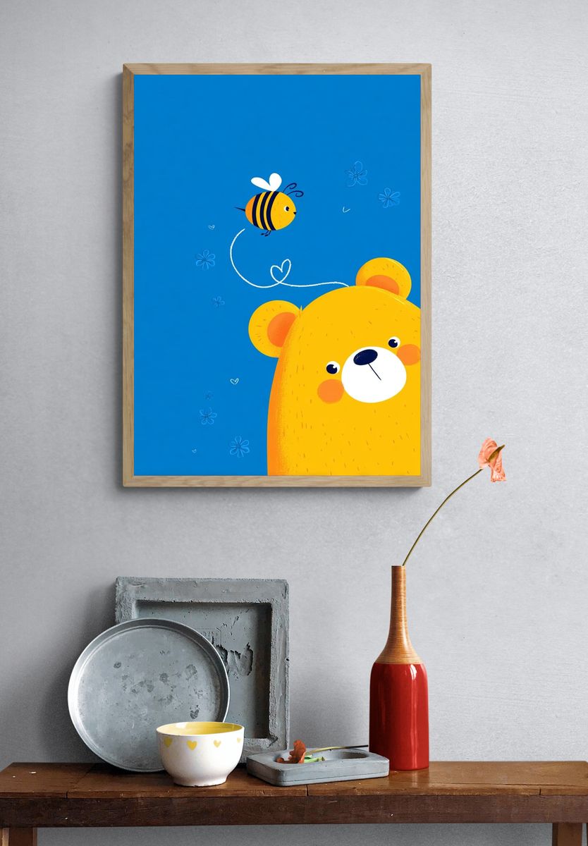 Cute Bear and Bee Illustration Poster. — room view 3