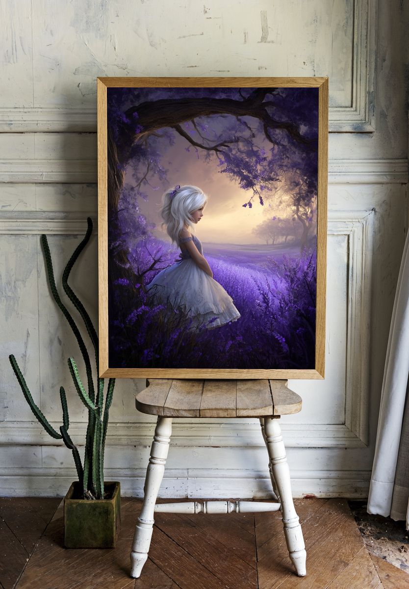 Dreamy Girl in Lavender Field — Illustration Print. — room view 1