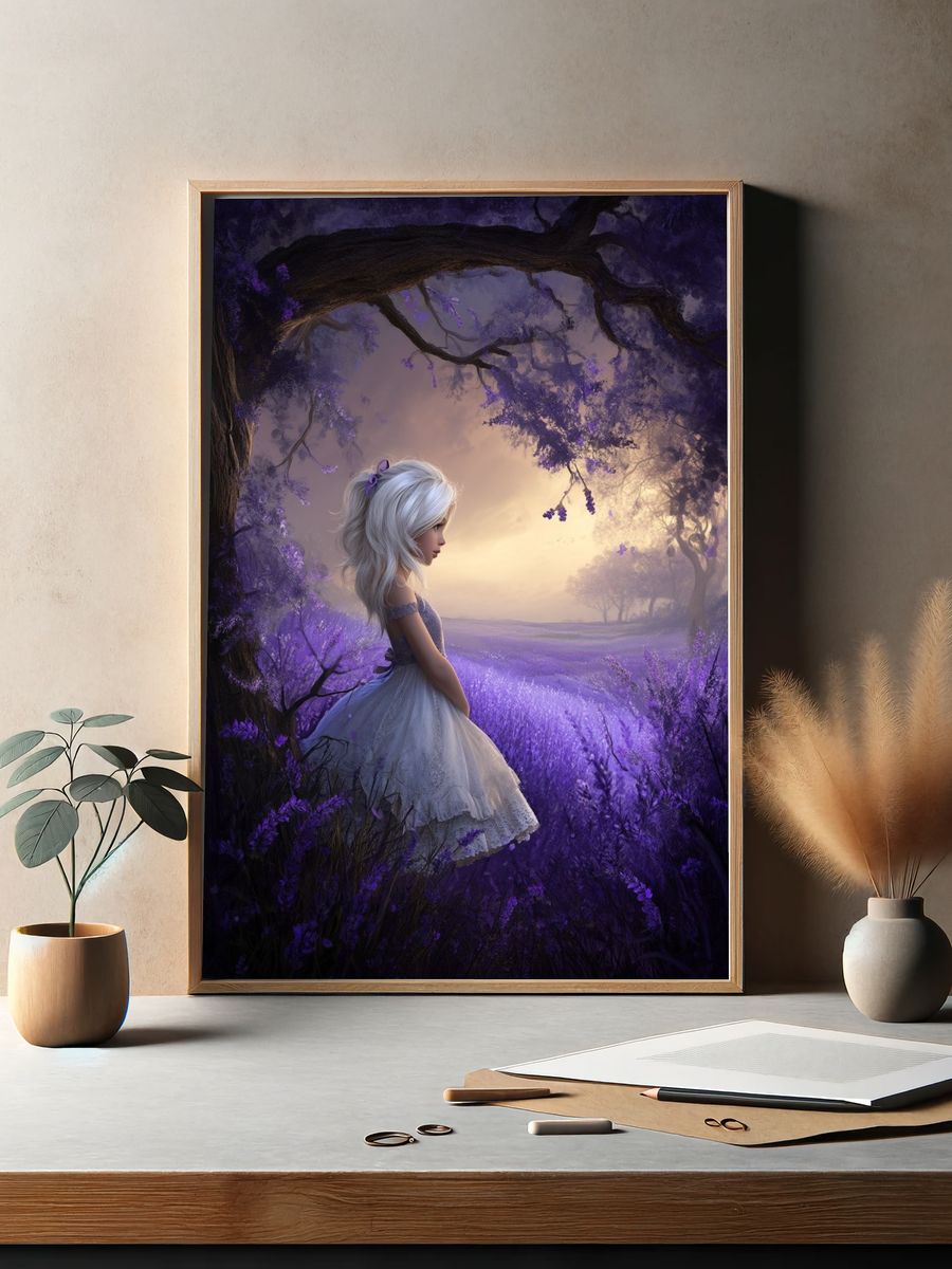 Dreamy Girl in Lavender Field — Illustration Print. — room view 2