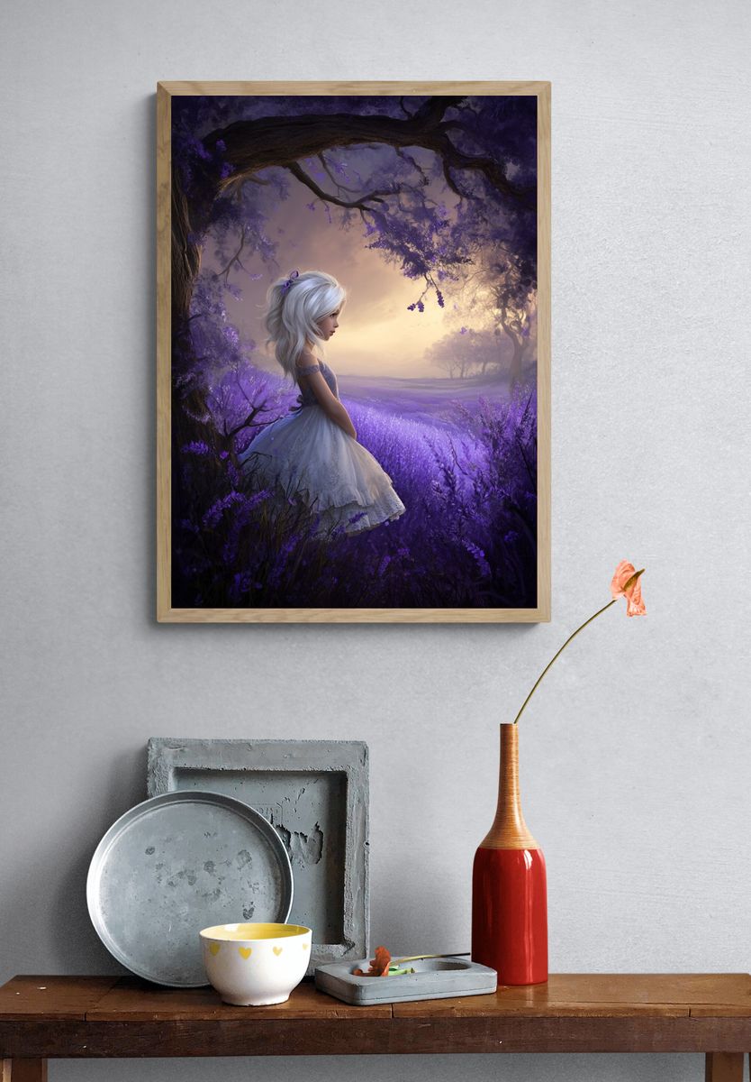 Dreamy Girl in Lavender Field — Illustration Print. — room view 3