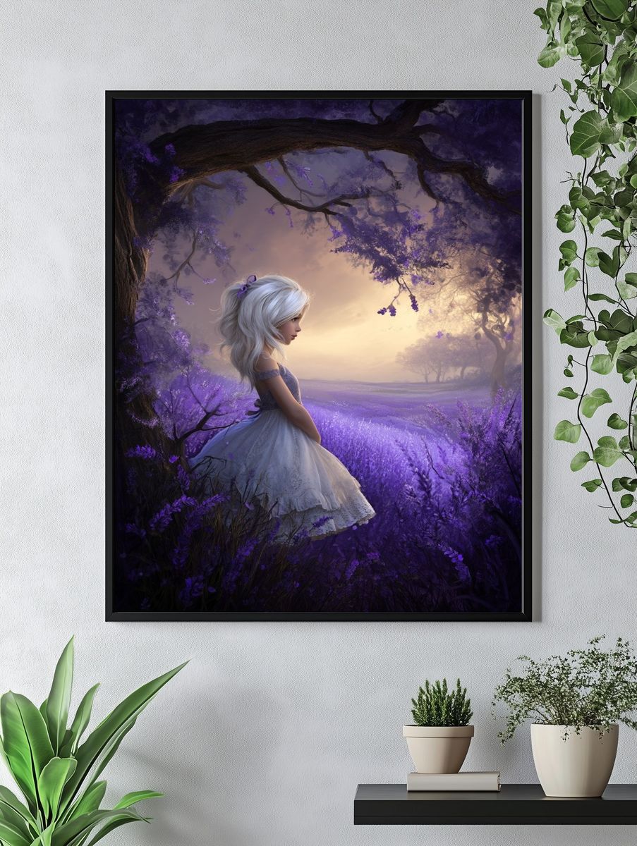 Dreamy Girl in Lavender Field — Illustration Print. — room view 4