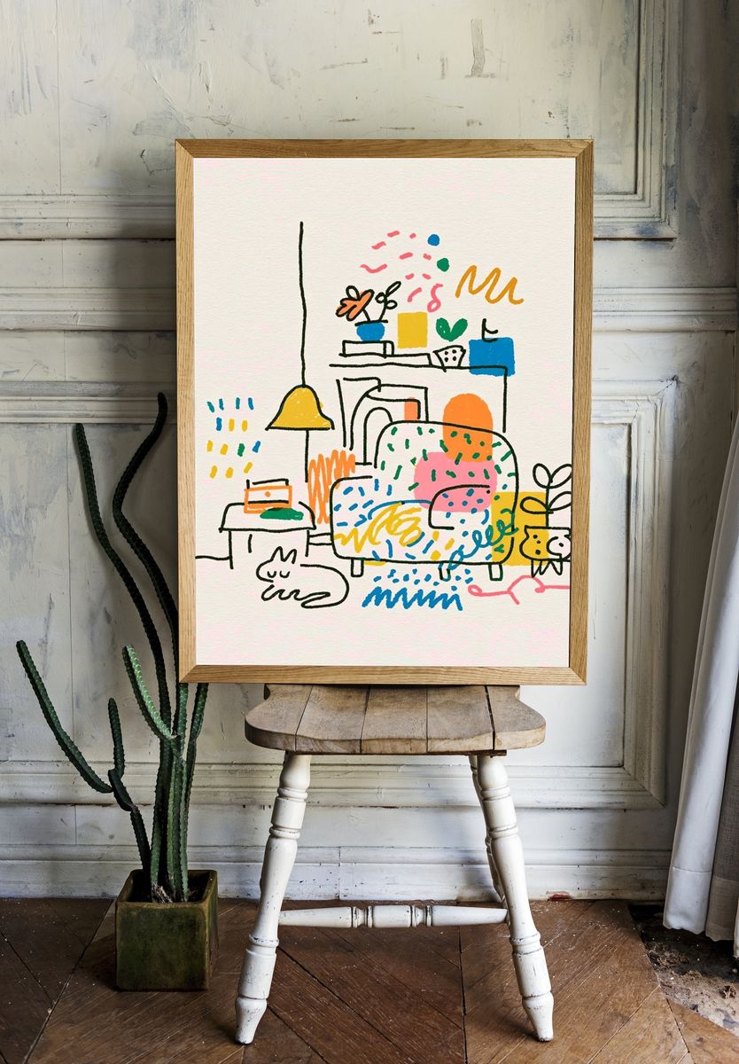 Playful Living Room Illustration Poster. room preview