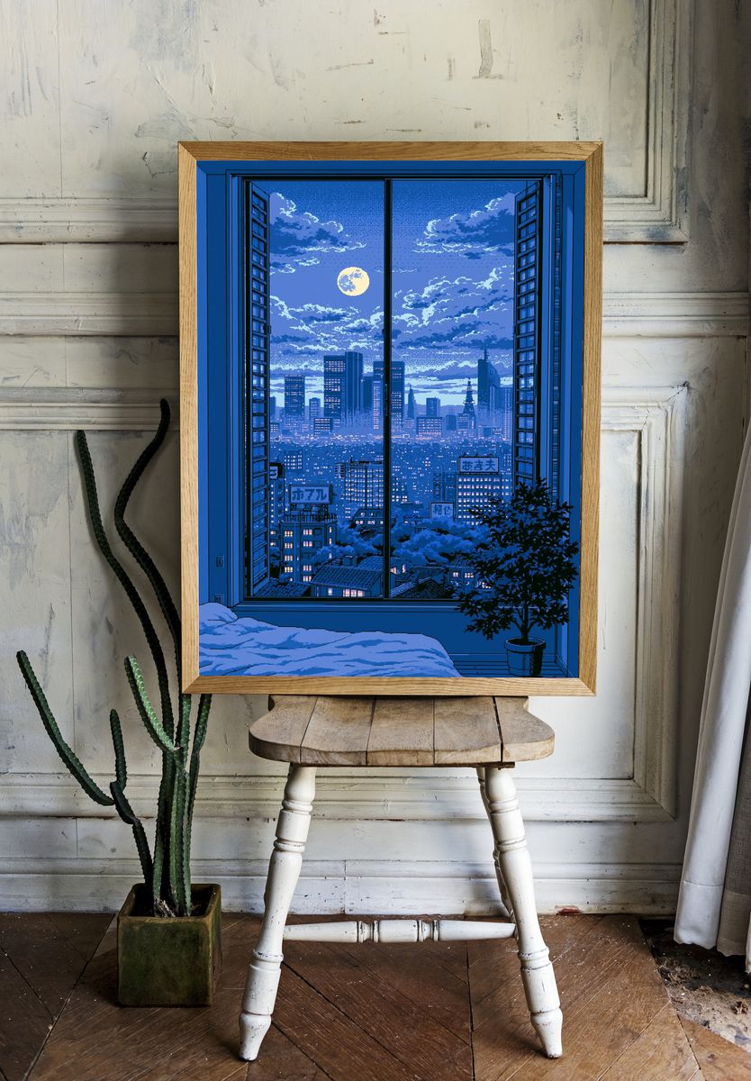Moonlit Tokyo Skyline Pixel Art Poster. room preview