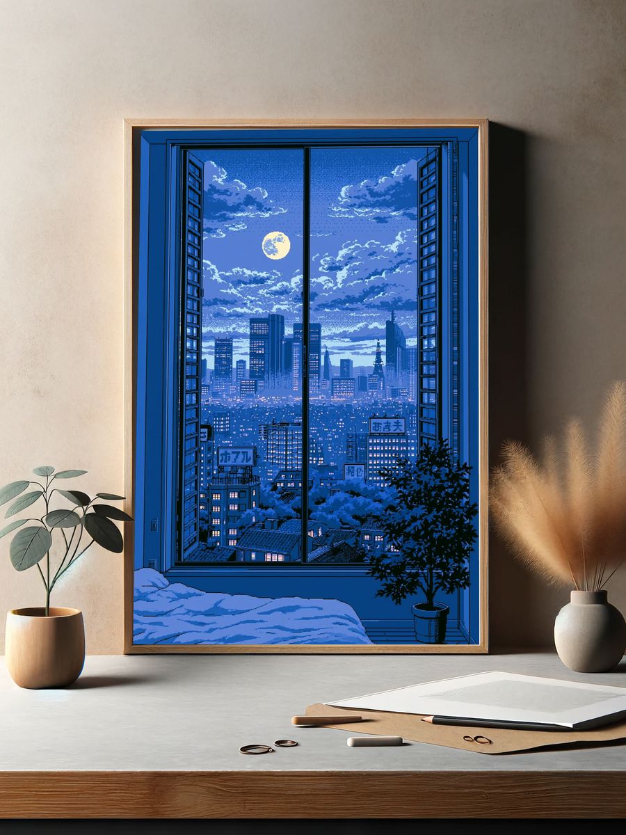 Moonlit Tokyo Skyline Pixel Art Poster. — room view 2