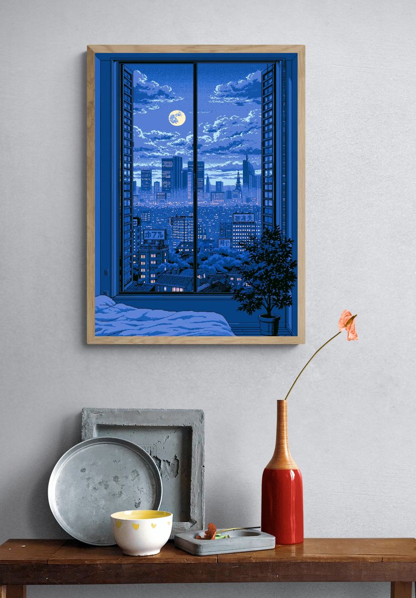Moonlit Tokyo Skyline Pixel Art Poster. — room view 3
