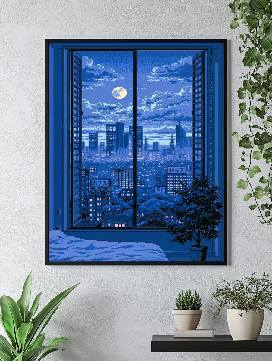 Moonlit Tokyo Skyline Pixel Art Poster. — room view 4