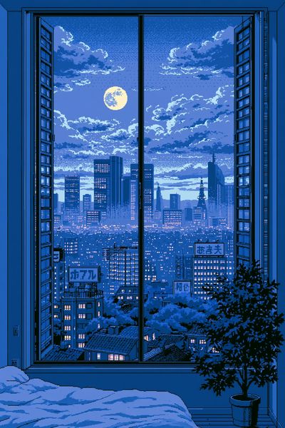 Moonlit Tokyo Skyline Pixel Art Poster.