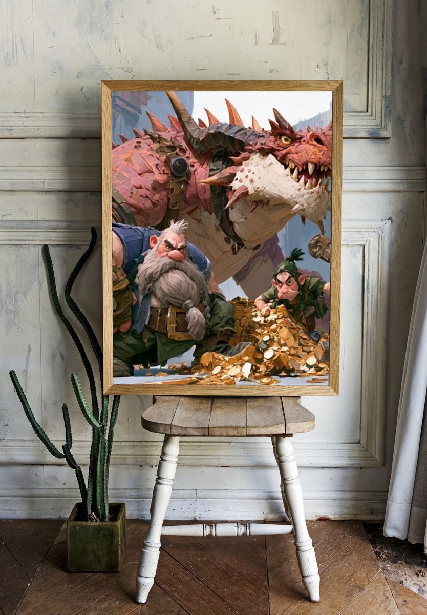 Fantasy Dragon and Dwarves Illustration Poster. room preview