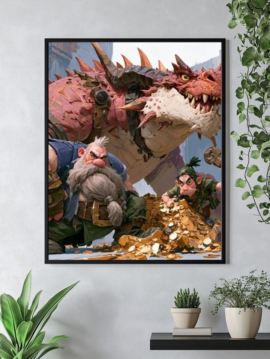 Fantasy Dragon and Dwarves Illustration Poster. — room view 4