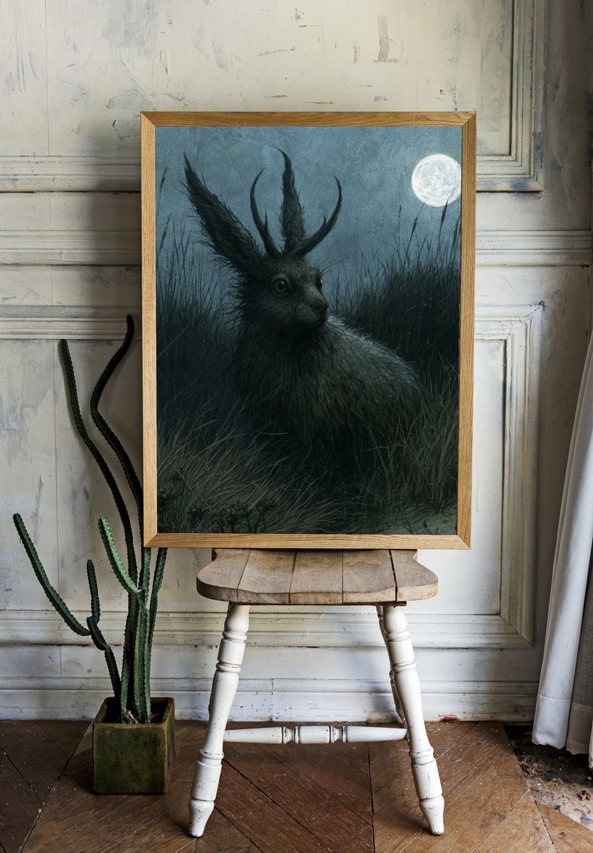 Moonlit Hare Fantasy Illustration Poster. — room view 1