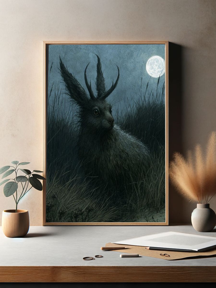 Moonlit Hare Fantasy Illustration Poster. — room view 2