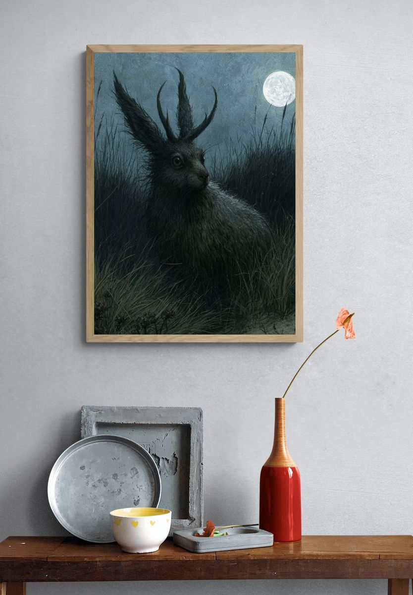 Moonlit Hare Fantasy Illustration Poster. — room view 3