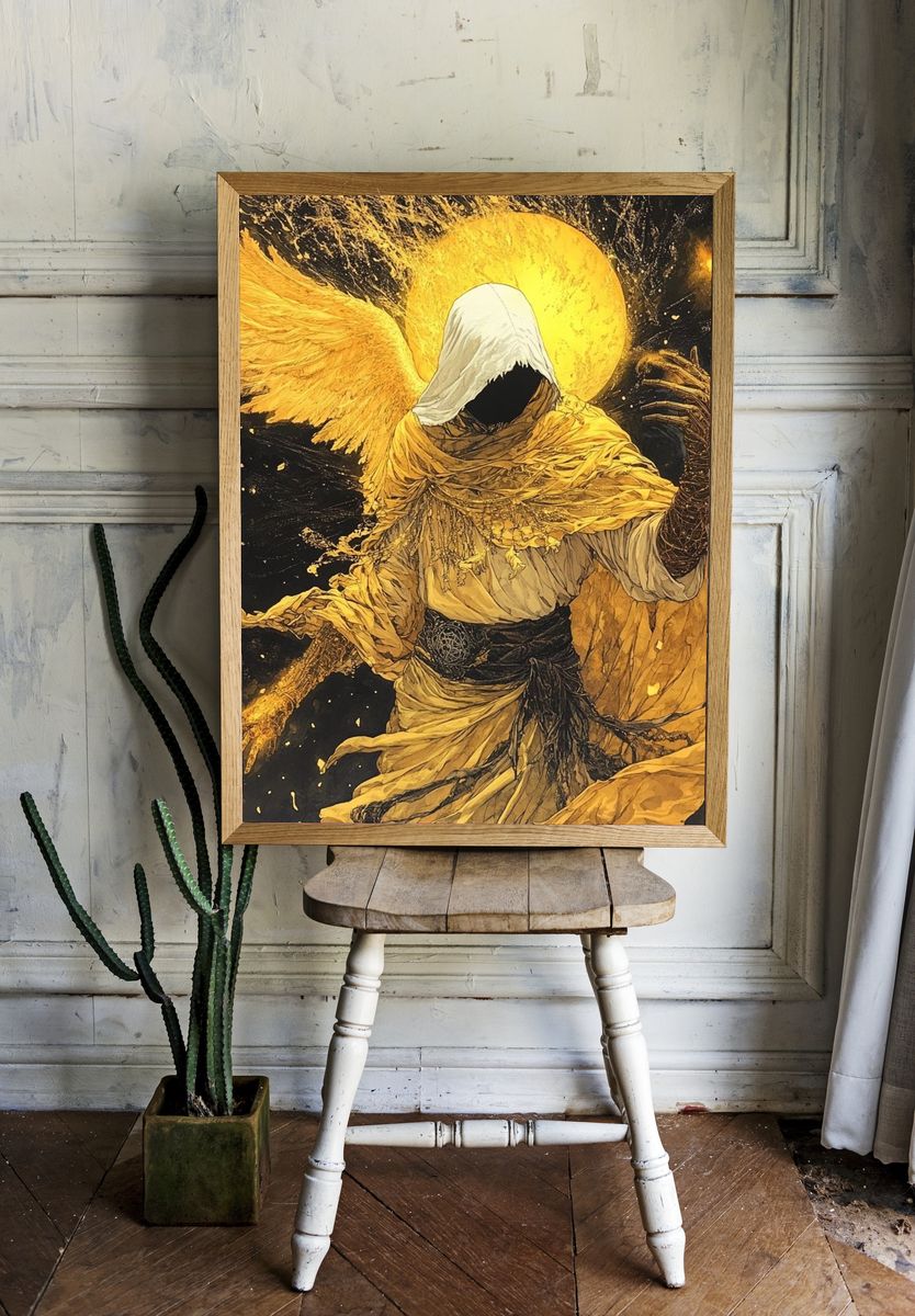 Golden Hooded Angel Fantasy Print. room preview